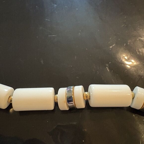 Long Funky Vintage White and Gold Necklace Tubes Beads Screw Closure 28” - Picture 2 of 5